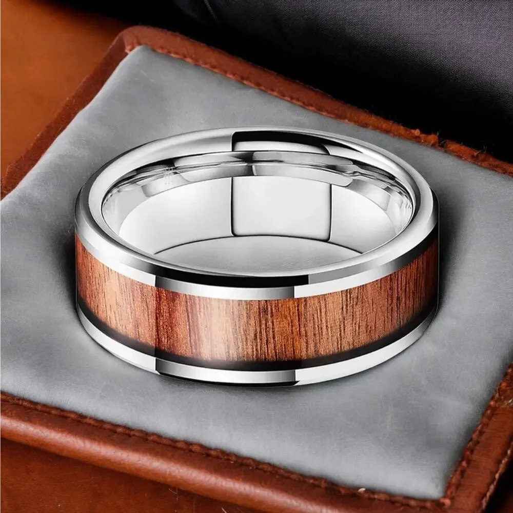 NEW 8mm tungsten carbonite wood inlay men's wedding band ring jewelry 10.5 B22